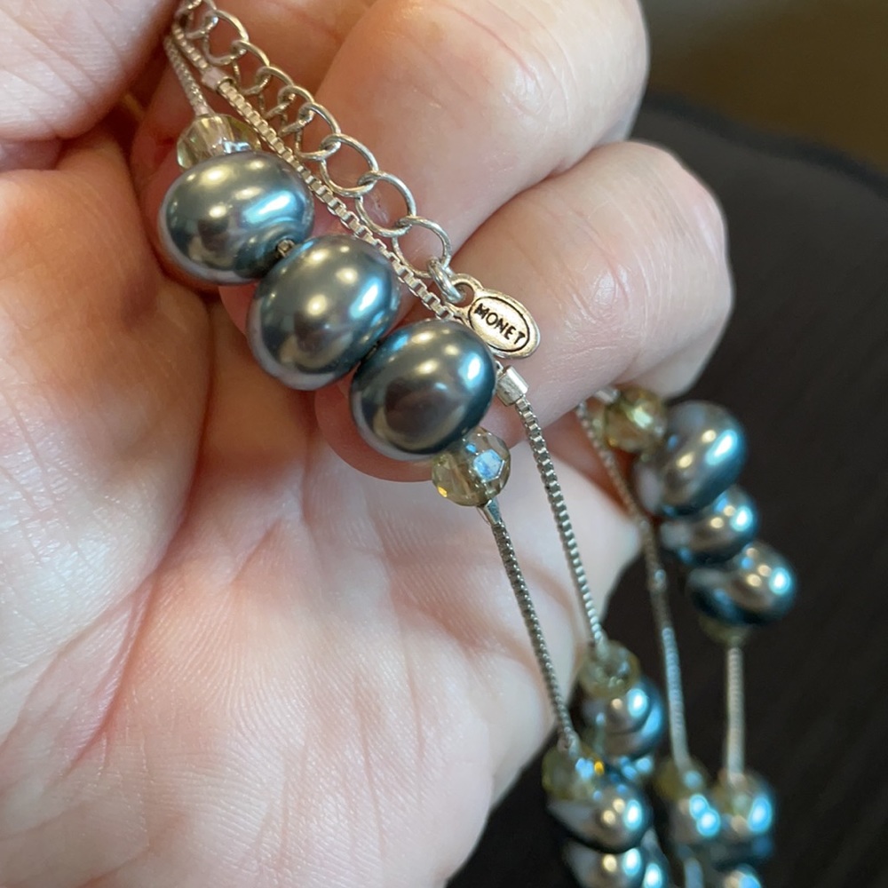 Vintage Monet double strand faux grey pearl and bead necklace. 16” - Picture 2 of 7